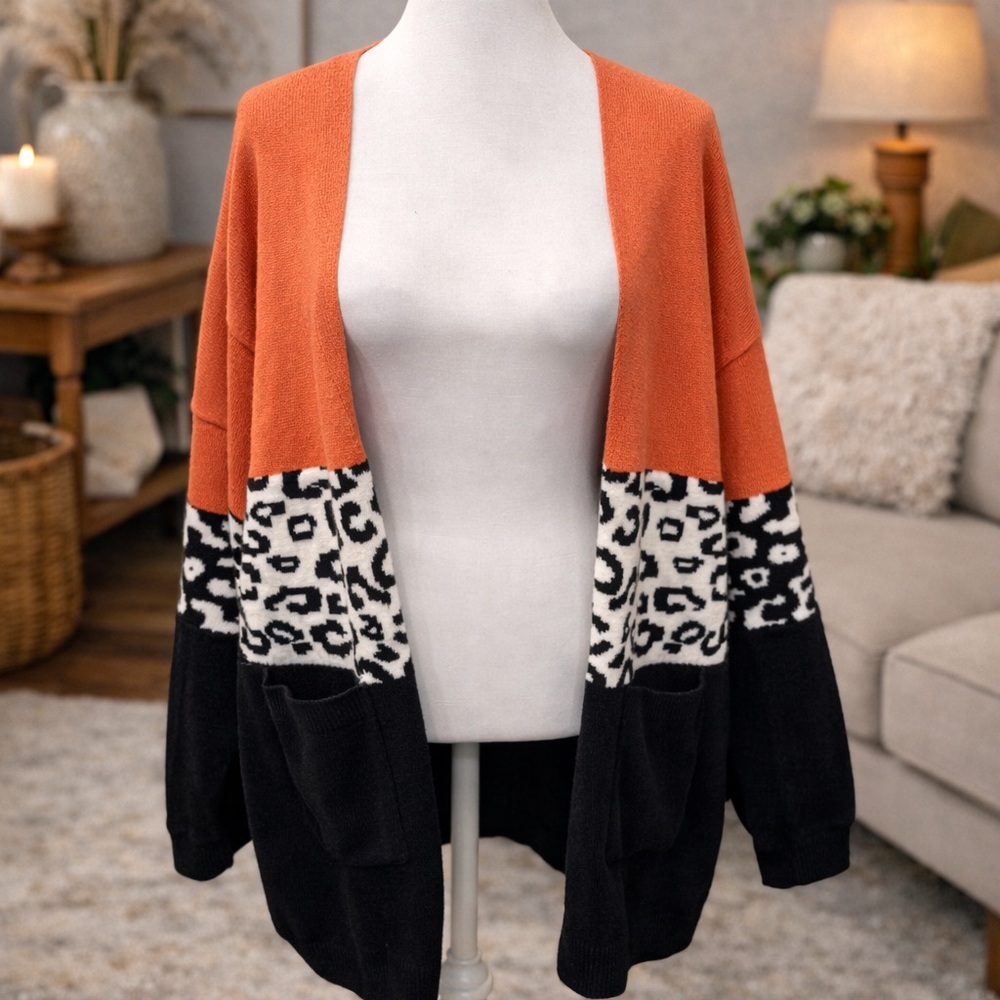 ADORA Orange and Black Leopard Cardigan NWOT 2X 3X